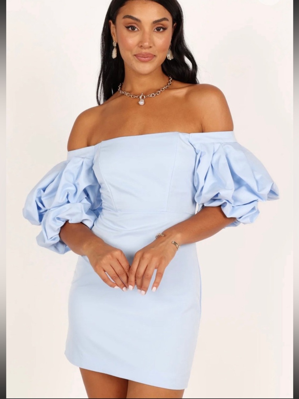 Off-Shoulder Puff Sleeve Mini Dress in Light Blue